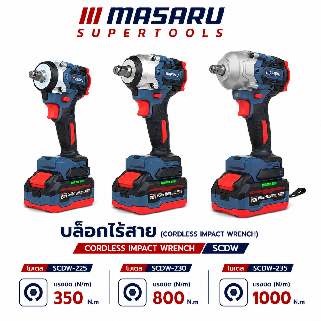 บล็อกไฟฟ้า MASARU SCDW-225/230/235 แรงบิดสูง1000Nm. ไฟ LED ประกัน 1 ปี