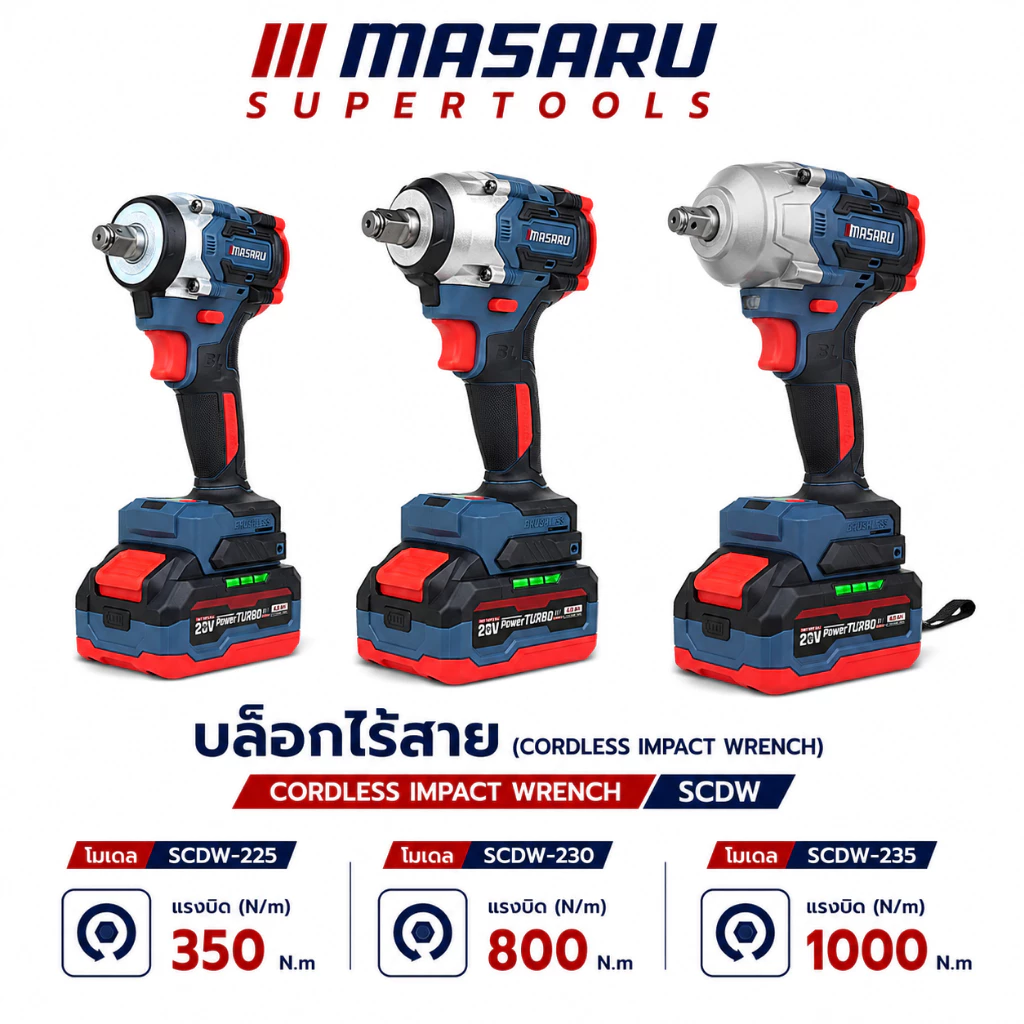 บล็อกไฟฟ้าไร้สาย MASARU SCDW-225/230/235 แรงบิด 350-1000Nm. บล็อกไฟฟ้า บล็อกไร้สาย