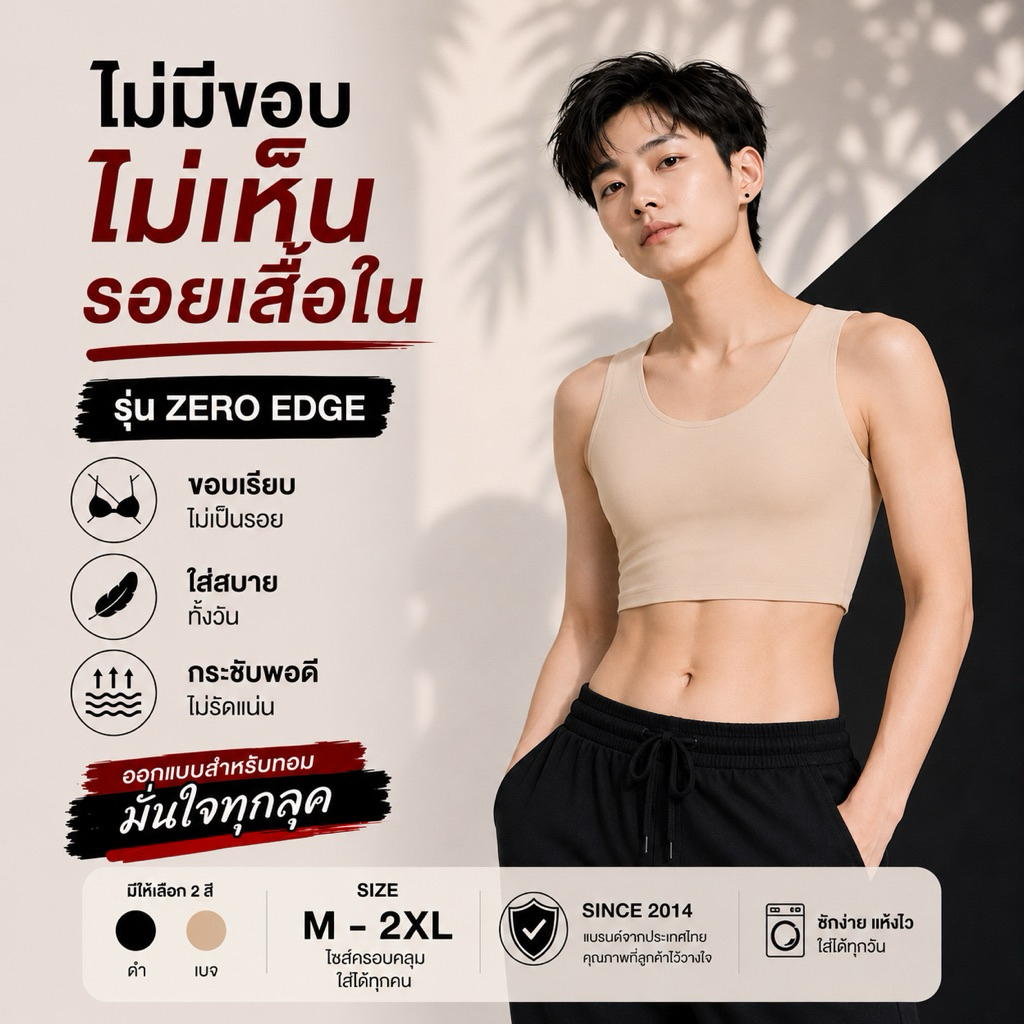 เสื้อกล้ามทอมไร้ขอบ รุ่น Zero Edge สีเบจ | Seamless เก็บหน้าอก เรียบเนียน Hook Best Look