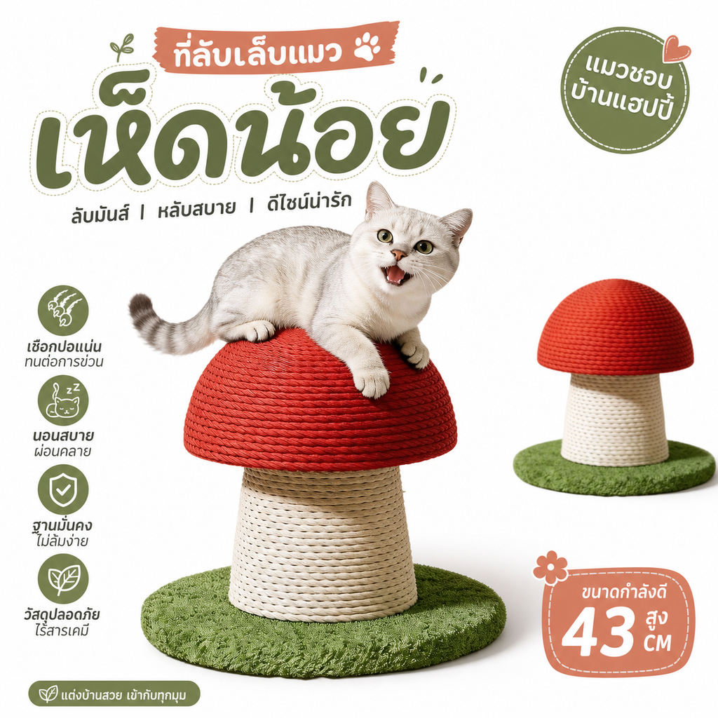 เสาข่วนแมวรูปเห็ด ทนต่อการสึกหรอและป้องกันเศษหลุดร่วง แผ่นข่วนแมวแบบ 2 ใน 1 สำหรับลับเล็บและพัก