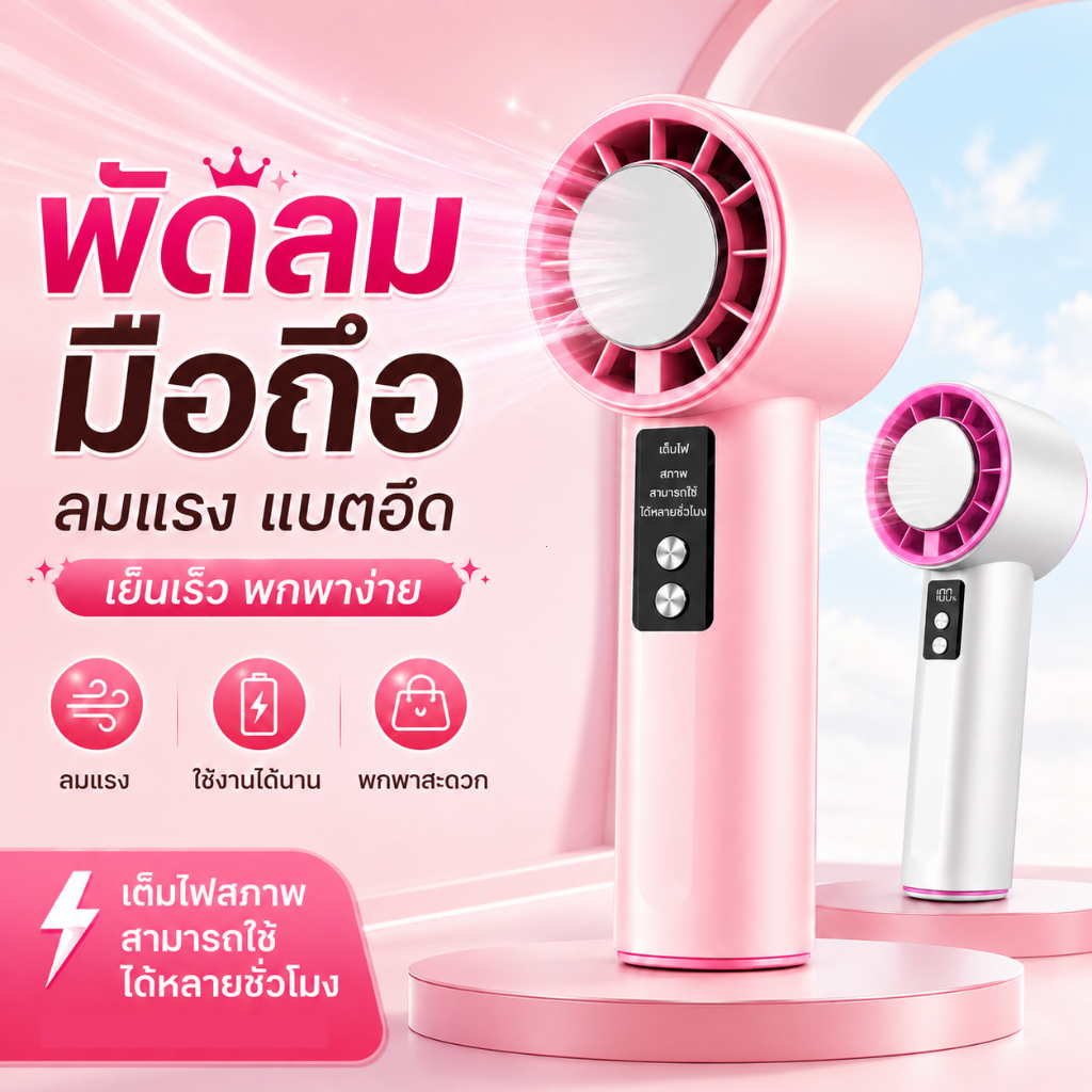 พัดลมพกพารุ่นใหม่ 2026 พัดลมมือถือ ลมแรงพิเศษ จอแสดงตัวเลข ไร้สาย USB ชาร์จเร็ว แบตอึด เย็นไว พกพาสะดวก รุ่น S006