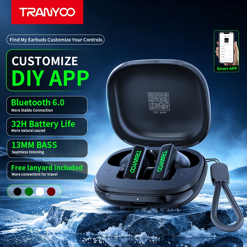TRANYOO M02 หูฟังบลูทูธไร้สาย รองรับบลูทูธเวอร์ชัน 6.0 ติดตั้งแอปพลิเคชันอัจฉริยะ อายุการใช้งานแบตเตอรี่ยาวนานสูงสุด 32