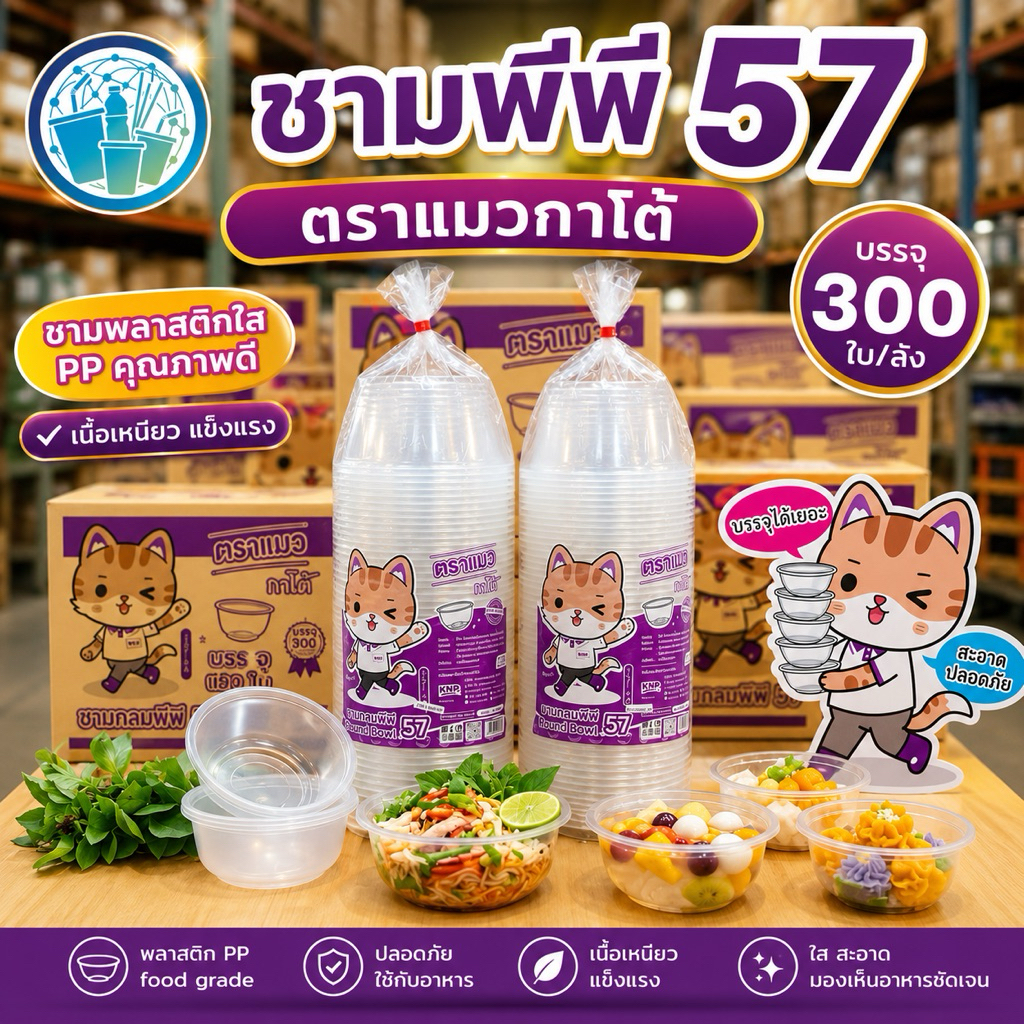 ชามพลาสติกพีพี 57 ยกลัง 300 ใบ ตราแมวกาโต้ ขนาด 400 มล. สำหรับการใช้งานที่สะดวกและปลอดภัย