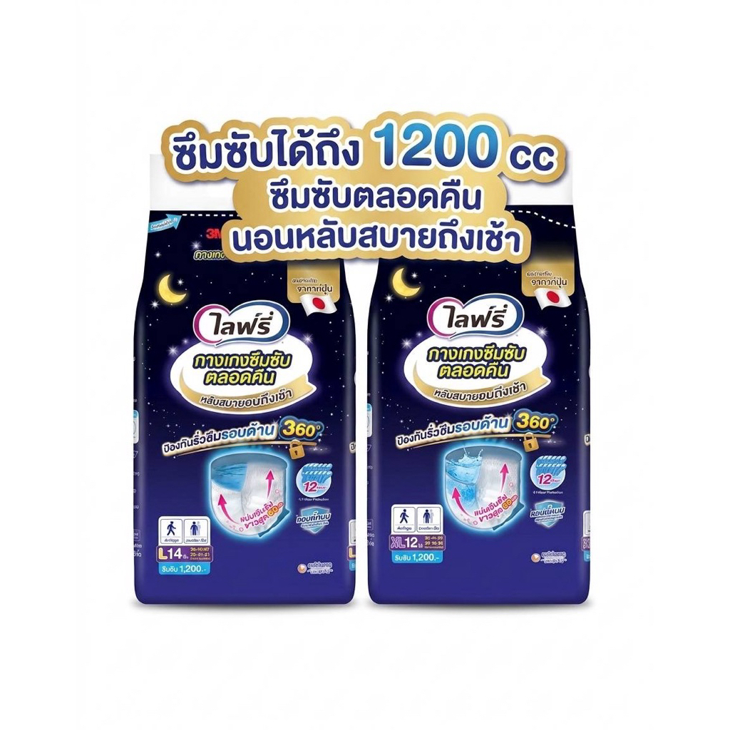 Lifree กางเกงซึมซับตลอดคืน ซึมซับได้ถึง 1200 cc หลับสบายตลอดคืนถึงเช้า ขนาด L, XL