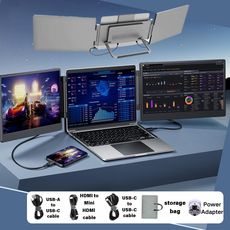Portable Monitor 14" จอภาพแบบพกพา FHD Triple Monitor หน้าจอแล็ปท็อป Extender, HDMI, Type-C, Plug and Play