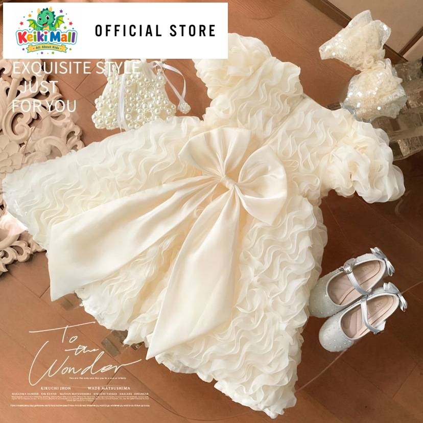 PD32 พร้อมส่งจากไทย🇹🇭ชุดราตรีเด็ก ชุดเดรสออกงานสีครีม👗ชุดไปงานแต่งมีโบว์ผูกหลัง· Kids Girls Gala Wedding Formal Dress