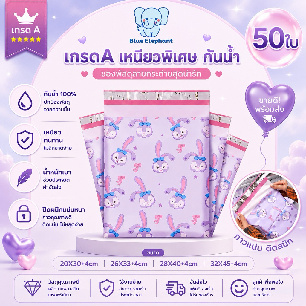 Blue Elephant ซองพัสดุ(50ใบ) ลายการ์ตูนน่ารัก กันน้ำ ซองหนา กาวเหนียว ใช้งานสะดวก