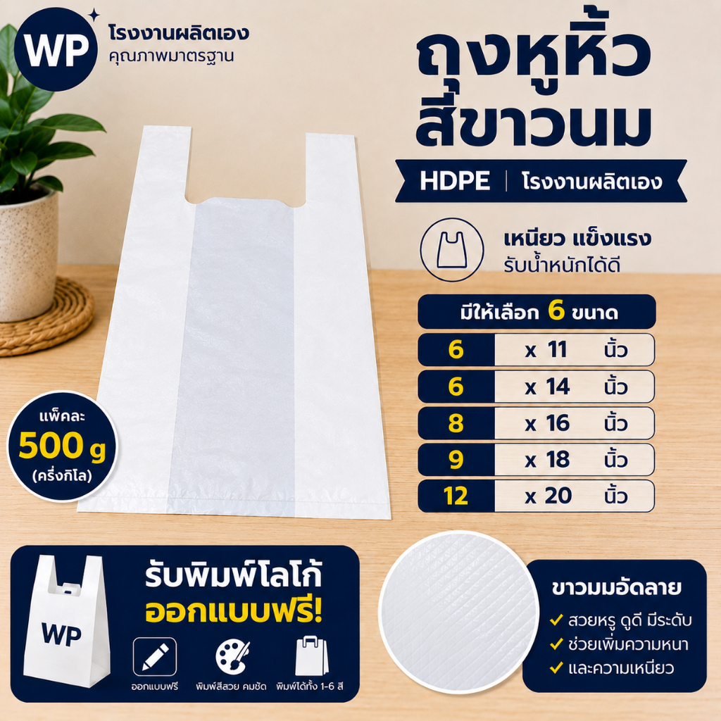 ถุงหูหิ้วพลาสติก สีขาวนม ลายนูน คุณภาพโรงงาน 6x14 8x16 9x18 12x20 คุณภาพโรงงาน น้ำหนัก 500g