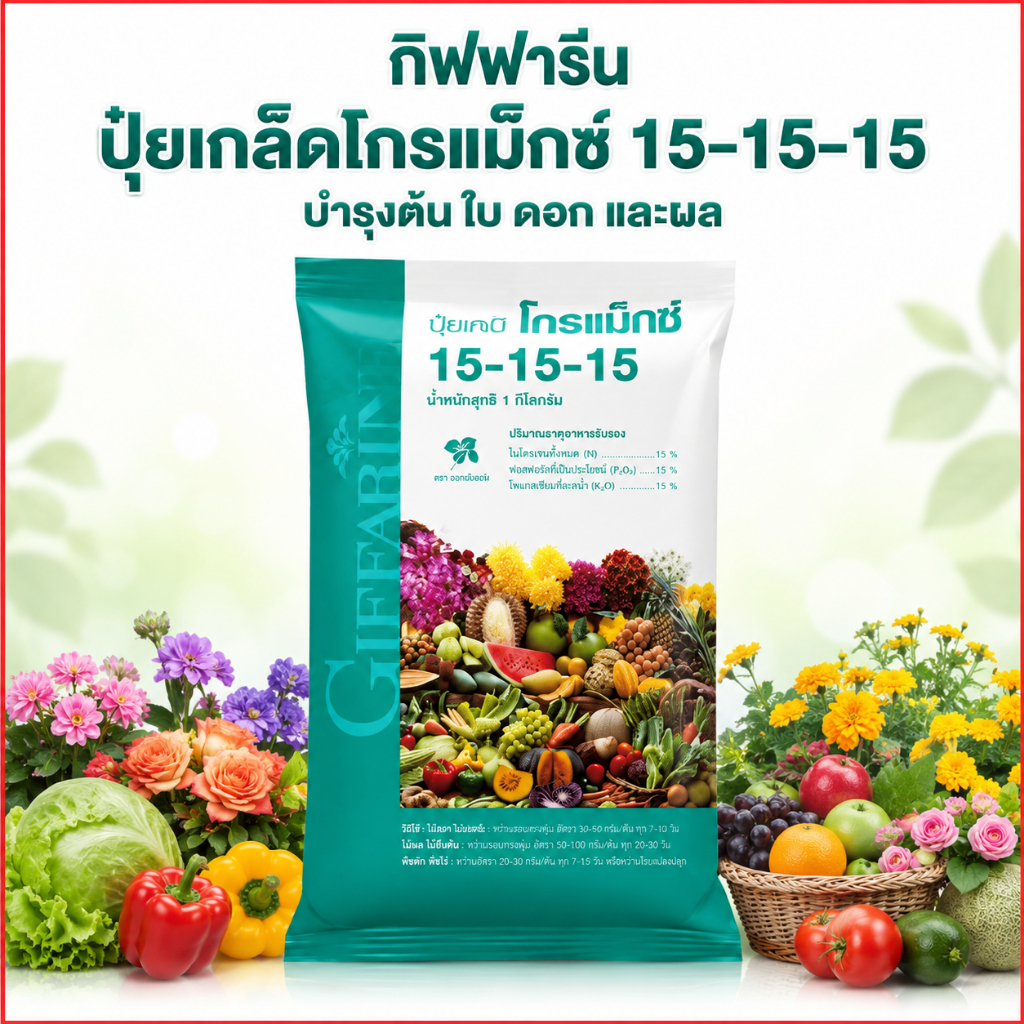 กิฟฟารีน ปุ๋ยเกล็ดโกรแม็กซ์ 15-15-15 ปุ๋ยสูตรเสมอ บำรุงทุกส่วน ต้น ใบ ดอก ผล เร่งโต เร่งเขียว