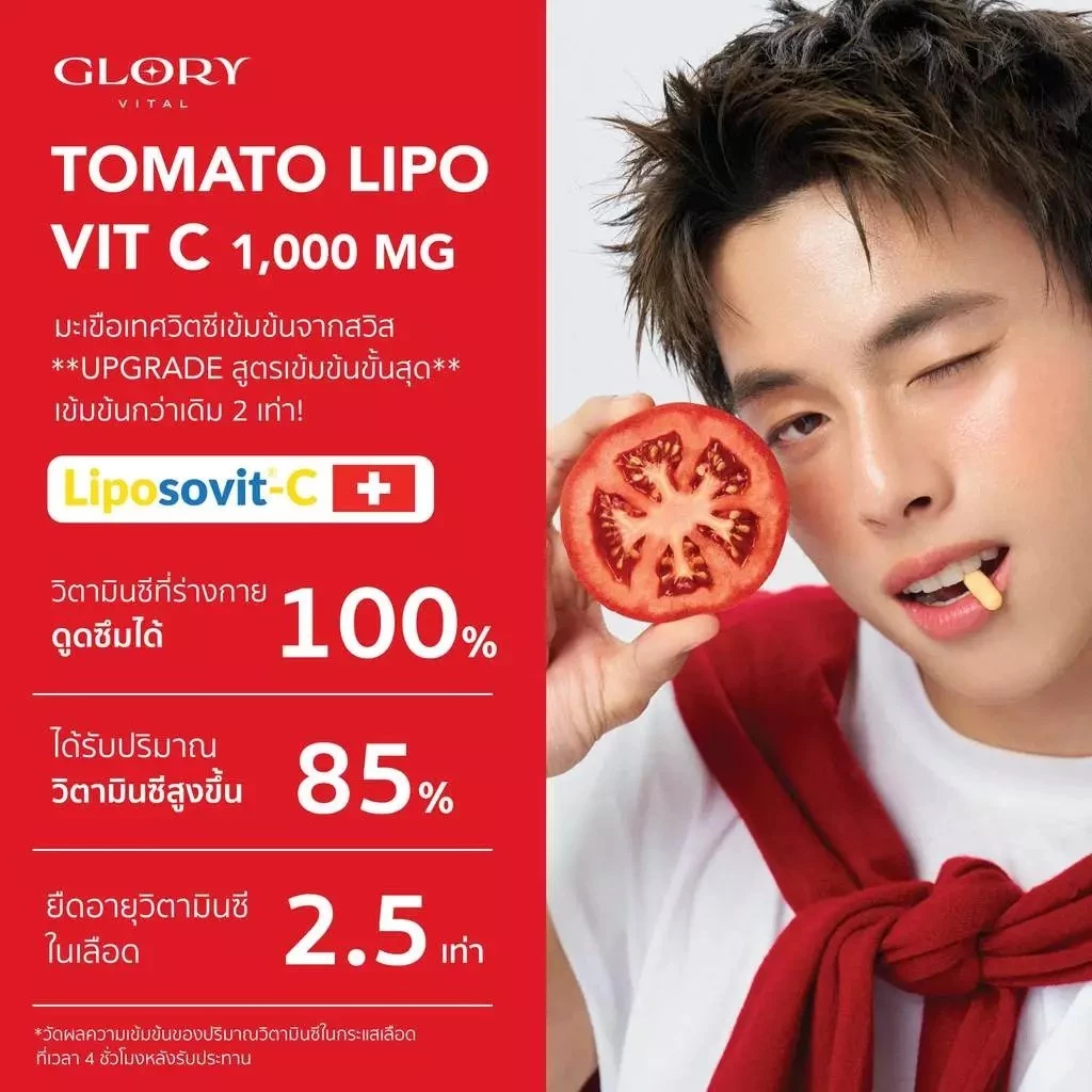 Glory Tomato Lipo VitC 1000 mg กลอรี่ วิตามินซีมะเขือเทศเข้มข้น 1 โดสเท่ามะเขือเทศสกัดสด 68 ผล thumbnail 4