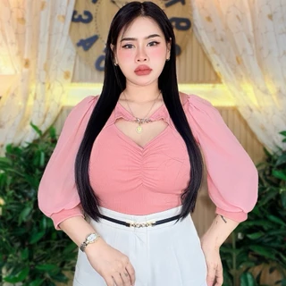 พร้อมจัดส่ง**เสื้อสาวอวบ อก38-46ยาว23 เว้าหน้าแต่งอะไรแขนชีฟองดูดีมาก**รุ่น เว้าย่นหน้าแขนชีฟอง**