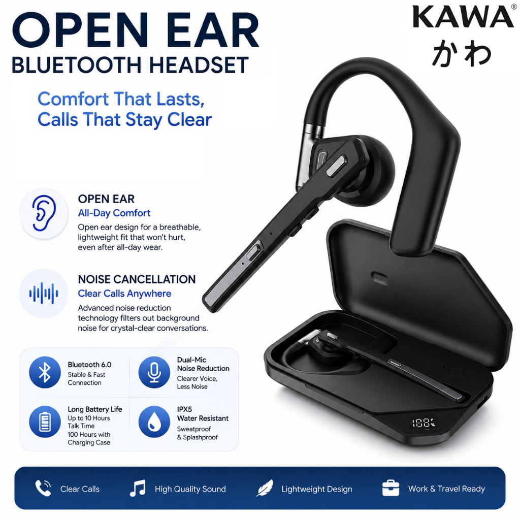 หูฟังบลูทูธ Open-Ear Kawa A6 คุยชัด ตัดเสียงรบกวนดีมาก ENC แบตอึด กันน้ำ ใส่สบาย