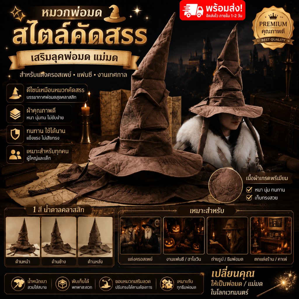 🔥 พร้อมส่ง 🇹🇭 🔥  🧙 หมวกคัดสรร Cosplay 1:1 Wizard Hat ฮาโลวีน งานคอสเพล Harry