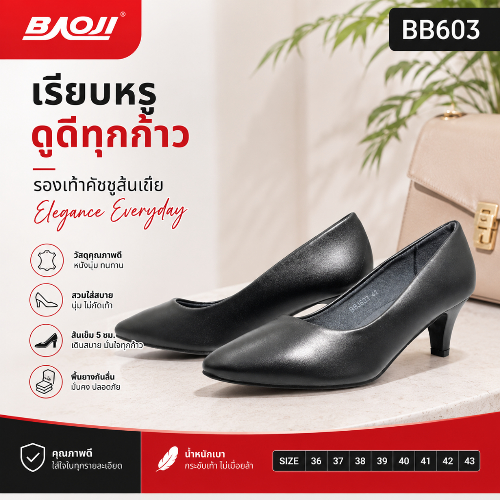Baoji รองเท้าคัชชูผู้หญิง รุ่น BB601 สีดำ  ไซส์ 36-43