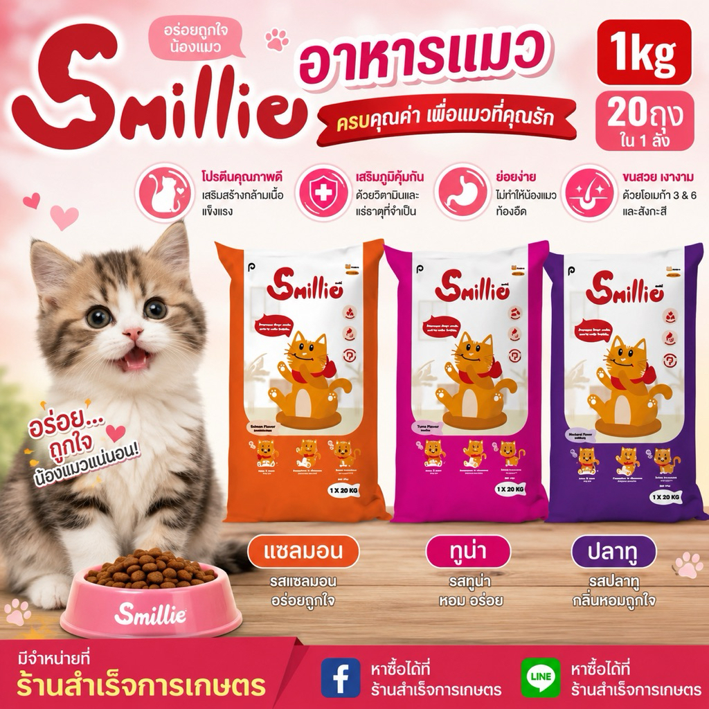 อาหารแมว Smillie ถุงแบ่ง1กิโล 20ถุง โปรตีน26%