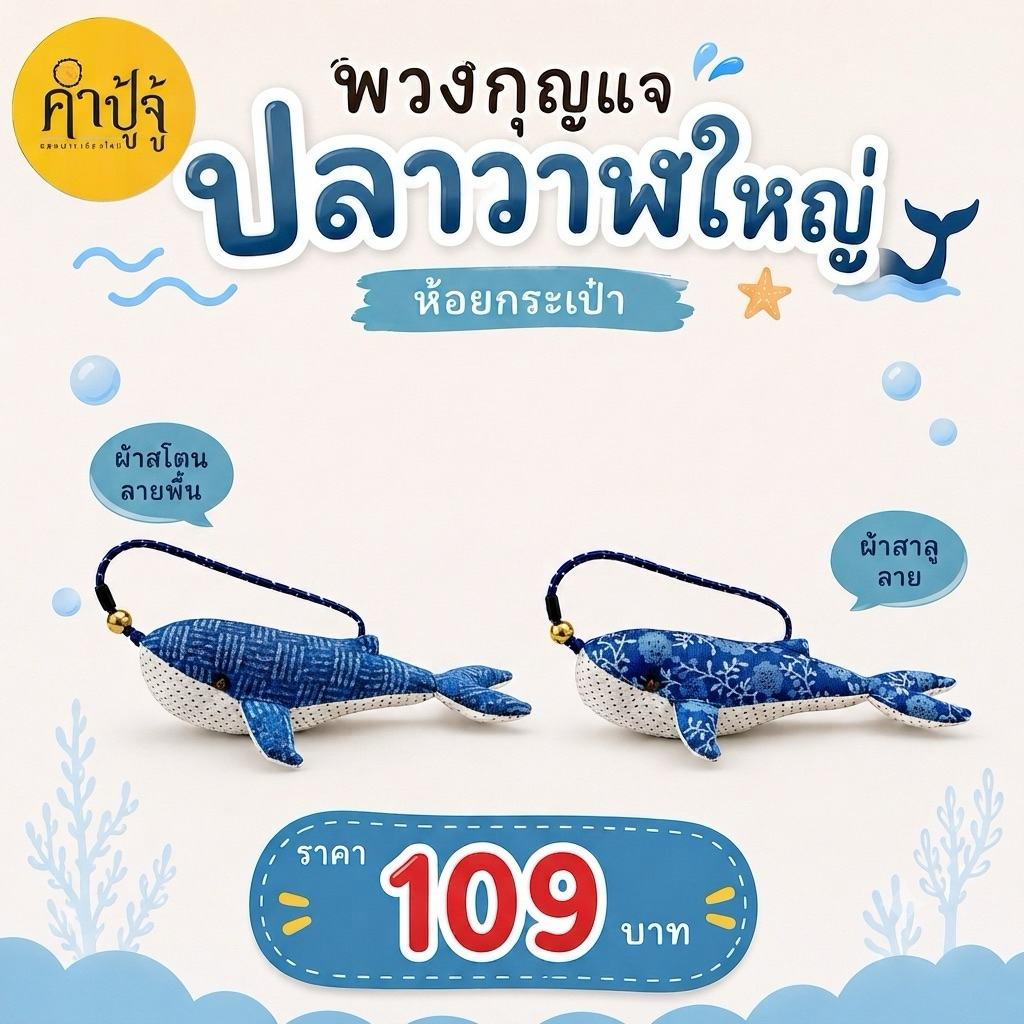 พวงกุญแจปลาวาฬใหญ่ ผ้าสีพื้น/ผ้าสาลูลาย ห้อยกระเป๋า