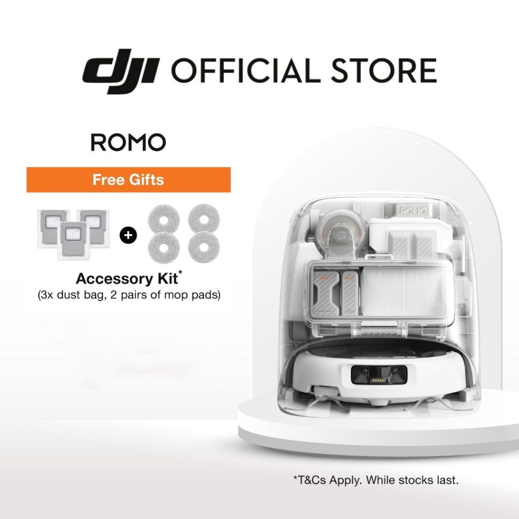 [สินค้าใหม่] DJI ROMO - Robot Vacuum | หุ่นยนต์ดูดฝุ่น | พลังดูดแรง 25,000 Pa | เเขนถูพื้นยืดได้ครอบคลุมมุม 100%
