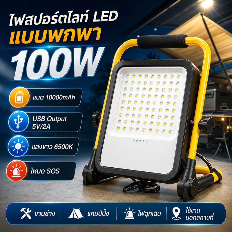 ไฟสปอร์ตไลท์ LED พกพา 100W แบต 10000mAh ชาร์จ USB มีโหมด SOS สำหรับแคมป์ปิ้ง งานช่าง ไฟดับ
