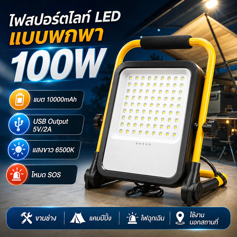 ไฟสปอร์ตไลท์ LED พกพา 100W แบต 10000mAh ชาร์จ USB มีโหมด SOS สำหรับแคมป์ปิ้ง งานช่าง ไฟดับ