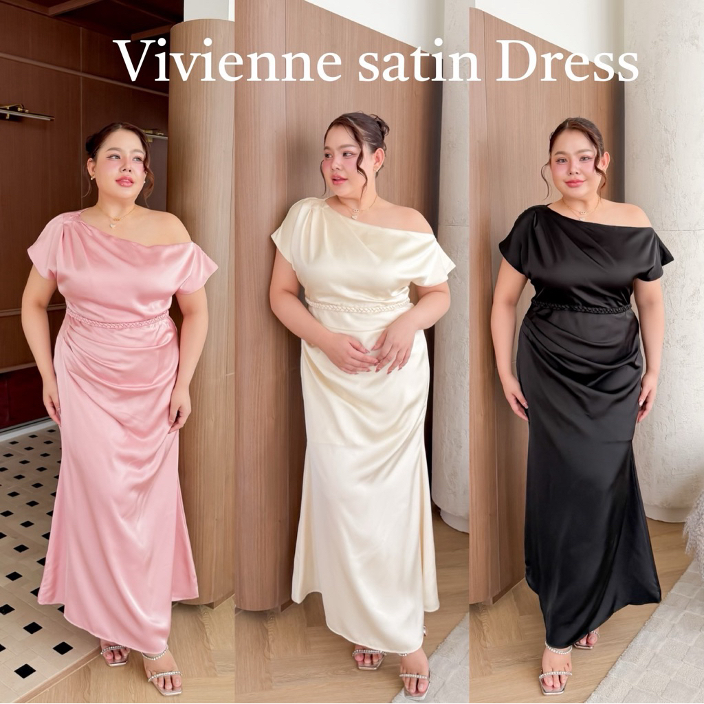 Lady M | Vivienne satin Dress เดรสยาว ออกงานรุ่นใหม่ผ้าซาติน เรียบหรู ไฮโซ สำหรับสาวอวบพลัสไซส์ ใส่ออกงานกลางวัน ปาร์ตี้