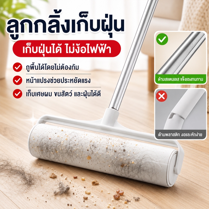ไม้ม็อบ ลูกกลิ้งทำความสะอาด ขนสัตว์เลี้ยง ฝุ่น ด้ามจับปรับความยาวได้ 19-95cm 24-124cm ลูกกลิ้งขจัดฝุ่น กระดาษกาว