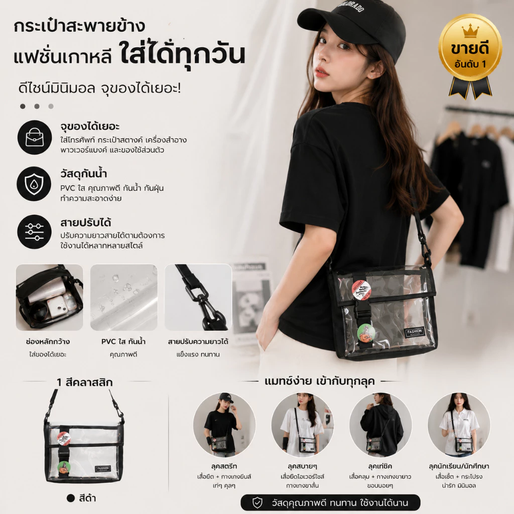 กระเป๋าสะพายข้างสไตล์ฮาราจูกุ ทำจาก PVC โปร่งใส สวมใส่สบาย อเนกประสงค์ กันน้ำ เหมาะสำหรับใช้กลางแจ้ง