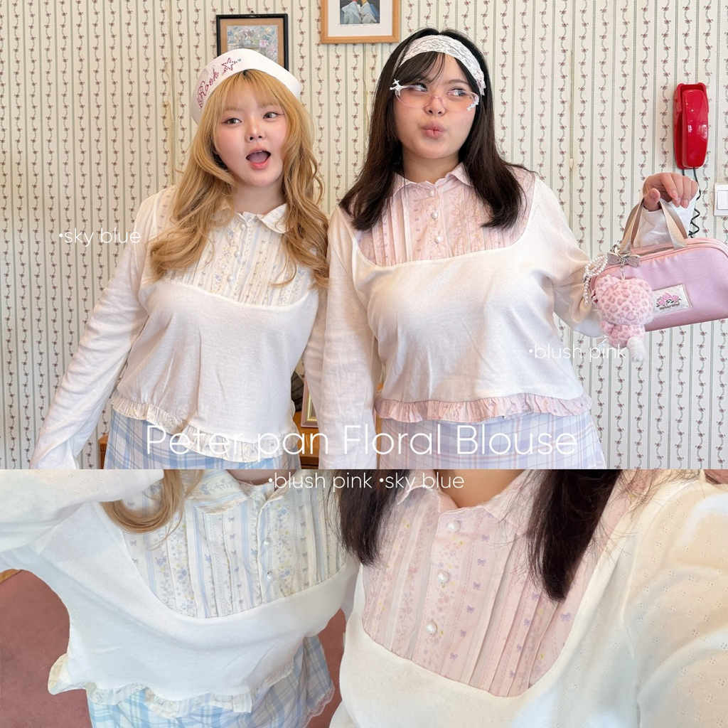 Chubbygirlbkk - Peter pan floral blouse🌸⋆˚𝜗𝜚˚⋆“เสื้อเชิ้ต ผ้ายืดฉลุ แขนยาว แต่งปกลายดอก สาวอวบ”
