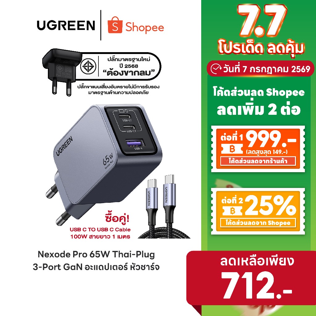 [ลดเหลือ 712] UGREEN Nexode Pro 65W 3-Port GaN อะแดปเตอร์ หัวชาร์จ Super Fast Charging 3in1 รุ่น X755