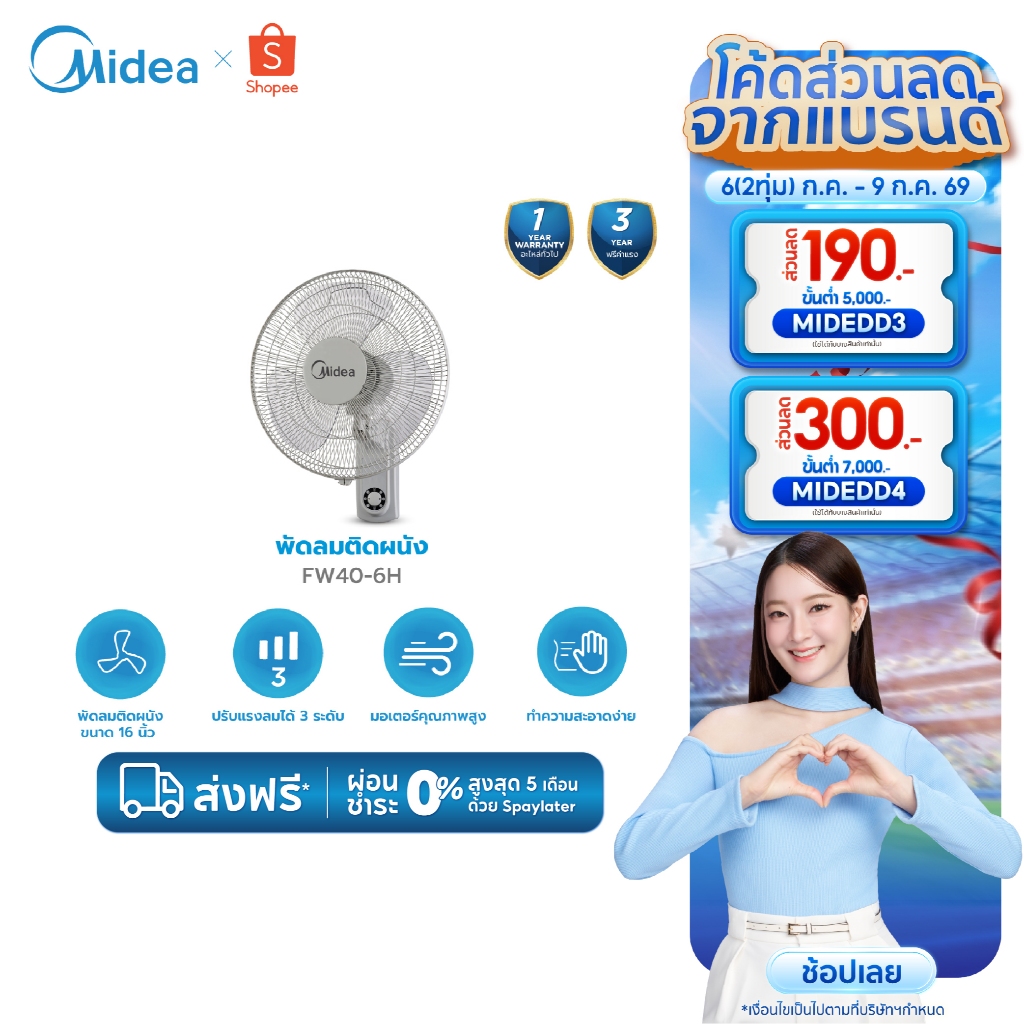 Midea พัดลมติดผนังไมเดีย (Wall Fan) รุ่น MFW160M0BDK *รับประกันสินค้า 3 ปี