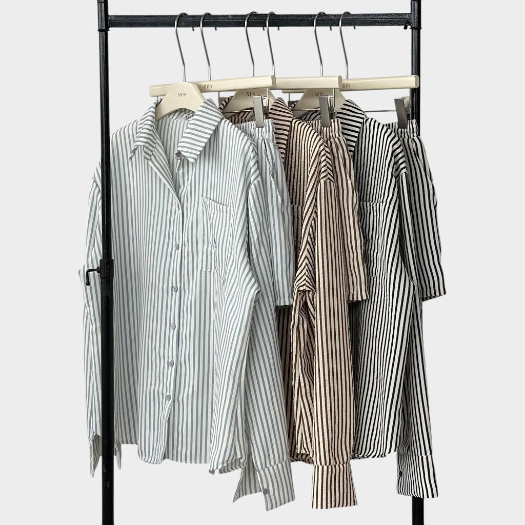ATIPA - Aspen Stripe Set ชุดเซต ลายทาง สไตล์มินิมอล ดีไซน์ เสื้อเชิ้ตแขนยาว โอเวอร์ไซซ์ กับ กางเกงขา