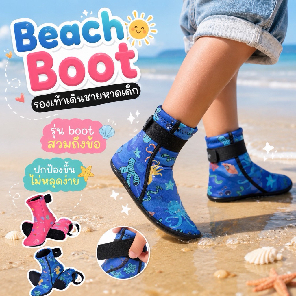 รองเท้าเดินชายหาดเด็ก kid Beach shoe รุ่นใหม่ beach boot สวมถึงข้อ ชุดว่ายน้ำเด็ก (SW289)