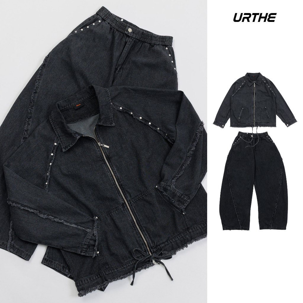 URTHE - ชุดเซต เสื้อแจ็กเก็ต กางเกงขายาว ยีนส์ฟอก รุ่น WITH FRINGING - Col. OZDE UNTITLED