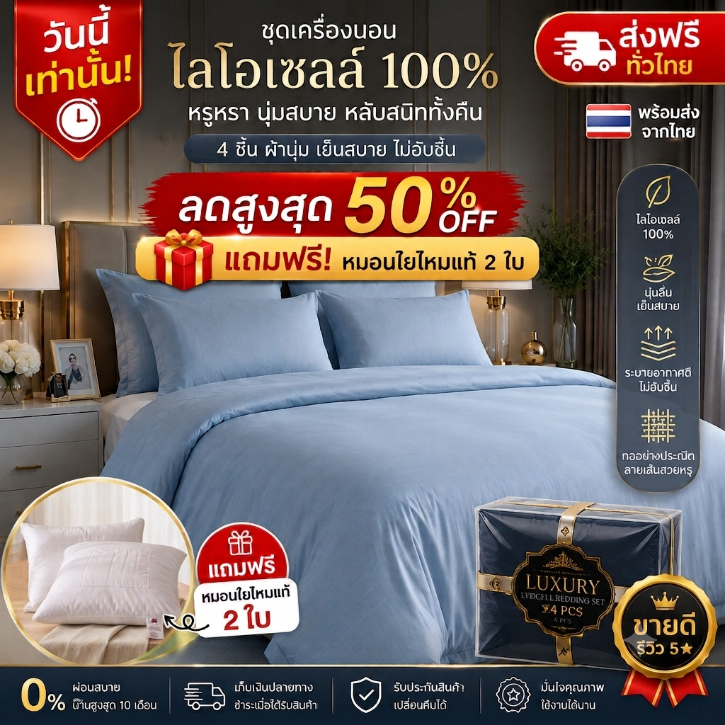 ชุดเครื่องนอน 4 ชิ้น Lyocell 100% สีเทาน้ำเงิน ผ้านุ่มเย็น นุ่มลื่น ระบายอากาศดี สไตล์โรงแรม แถมฟรี หมอนทรายไหม 2 ใบ