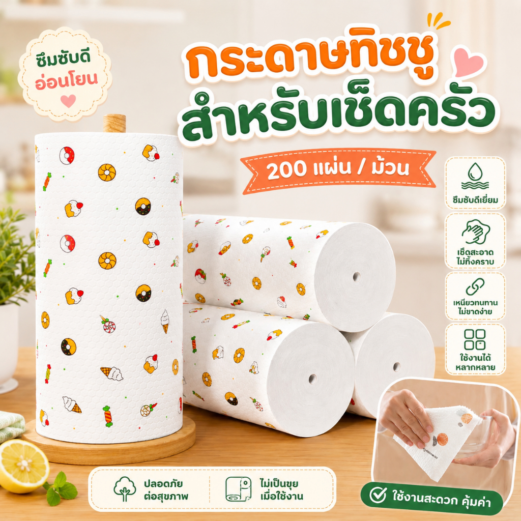 ม้วนละ 200 ชิ้น – ทิชชู่ครัวอเนกประสงค์ ใช้ได้ทั้งเปียกและแห้ง ทนทาน เช็ดจาน ทำความสะอาดได้หลากหลาย