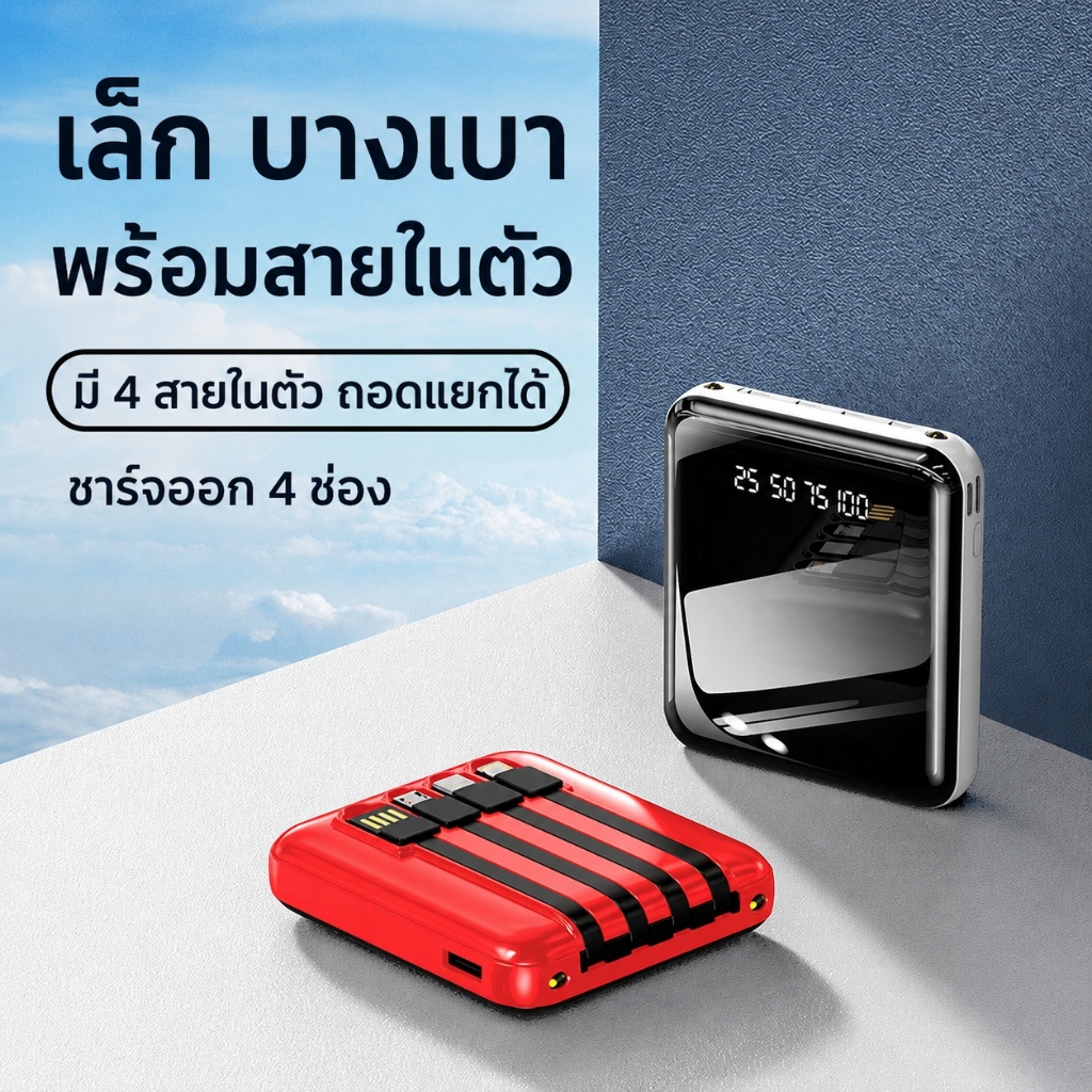 พาวเวอร์แบงก์บางเบา ดีไซน์กระจกเงา 20000mAh สายแยก4เส้นในตัว ชาร์จเร็ว 2.1A รองรับทุกมือถือ พกพา