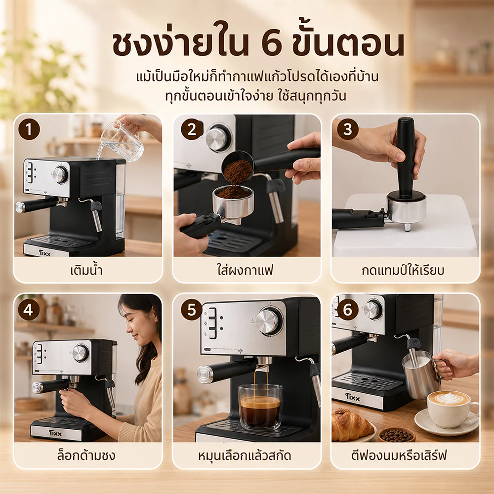Tixx เครื่องชงกาแฟสด 20 Bar กึ่งอัตโนมัติ 850W พร้อมก้านตีฟองนม ชงเอสเปรสโซ ลาเต้ คาปูชิโน่ ORM-6821 thumbnail 10