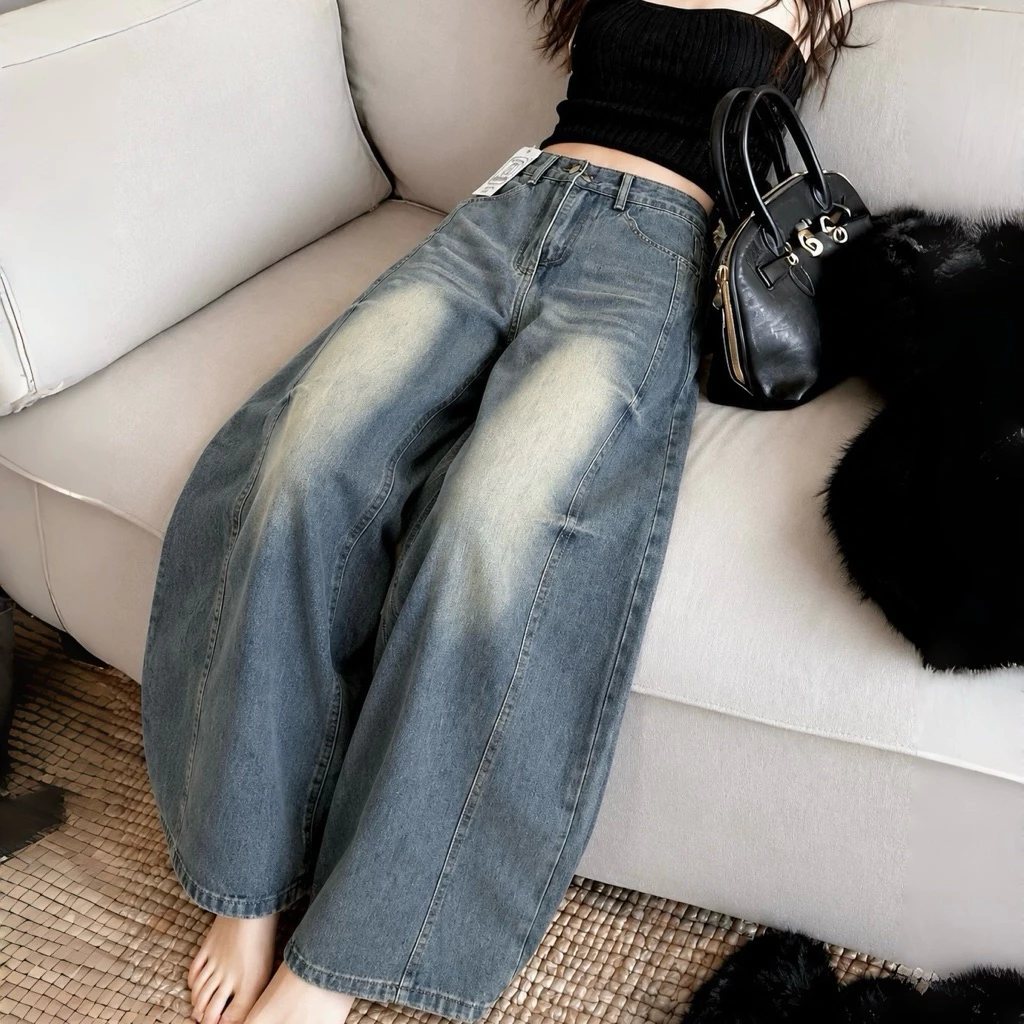 JINJEANS-448 (XS-9XL) Barrel baggy Jeans กางเกงยีนส์ทรงหลวม ทรงบาเรล