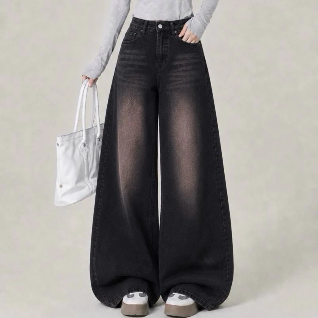 #212 (XS-6XL) jinjeans กางเกงยีนส์ขากระบอกใหญ่ baggy jeans สีดำเฟดชมพู