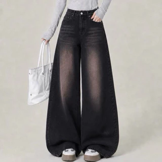 #212 (XS-6XL) jinjeans กางเกงยีนส์ขากระบอกใหญ่ baggy jeans สีดำเฟดชมพู