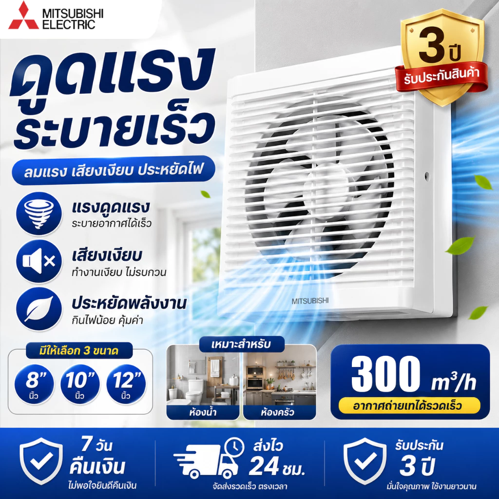 พัดลมดูดอากาศติดผนัง บานเกล็ด 8/10/12 นิ้ว ดูดแรง เงียบ ประหยัดไฟ ติดตั้งง่าย ลดกลิ่นอับและความชื้น รับประกัน 3 ปี