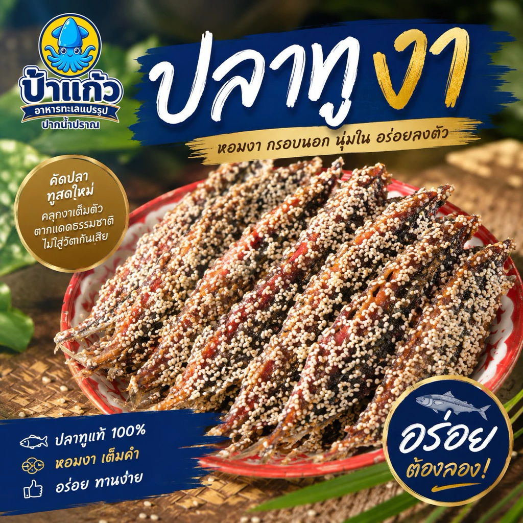 ปลาทูหวานโรยงา หวานเค็มเล็กน้อย หอมงา อร่อยลงตัว ตากแดดธรรมชาติ
