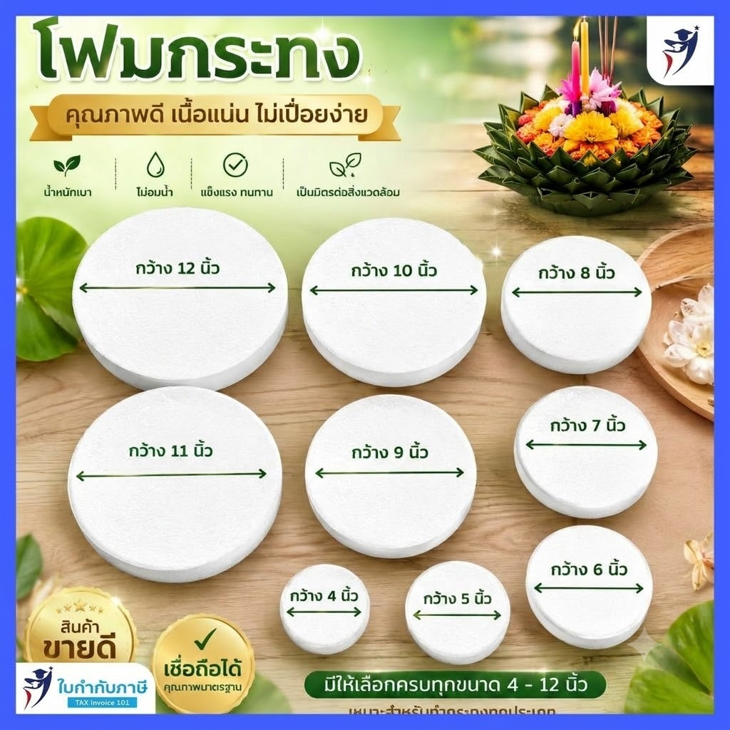 (10 แผ่น) โฟมกลม โฟมกระทง หนา1นิ้ว กว้าง 4-12 นิ้ว เกรดB