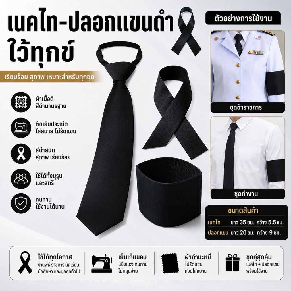 เนคไท เนคไทดำ ริบบิ้น ปลอกแขนดำ ผ้ากำมะหยี่ ไว้ทุกข์ สีดำสุภาพ เรียบร้อย สำหรับไว้ทุกข์
