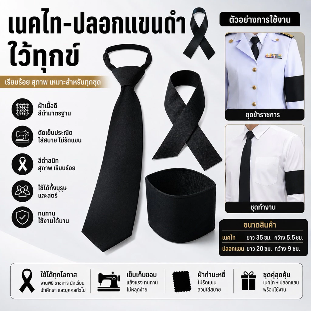 เนคไท เนคไทดำ ริบบิ้น ปลอกแขนดำ ผ้ากำมะหยี่ ไว้ทุกข์ สีดำสุภาพ เรียบร้อย สำหรับไว้ทุกข์