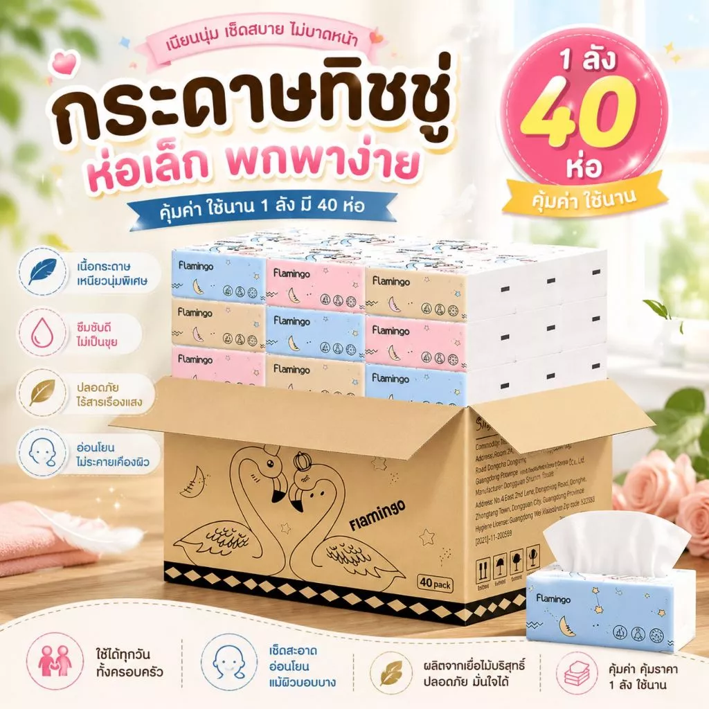 ส่งฟรี กระดาษทิชชู่ นกฟลามิงโก้ 1ลัง40ห่อ กระดาษทิชชู่ยกลัง ทิชชู่พกพา คุ้มสุดๆ กระดาษชำระยกลัง หนา 3ชั้น