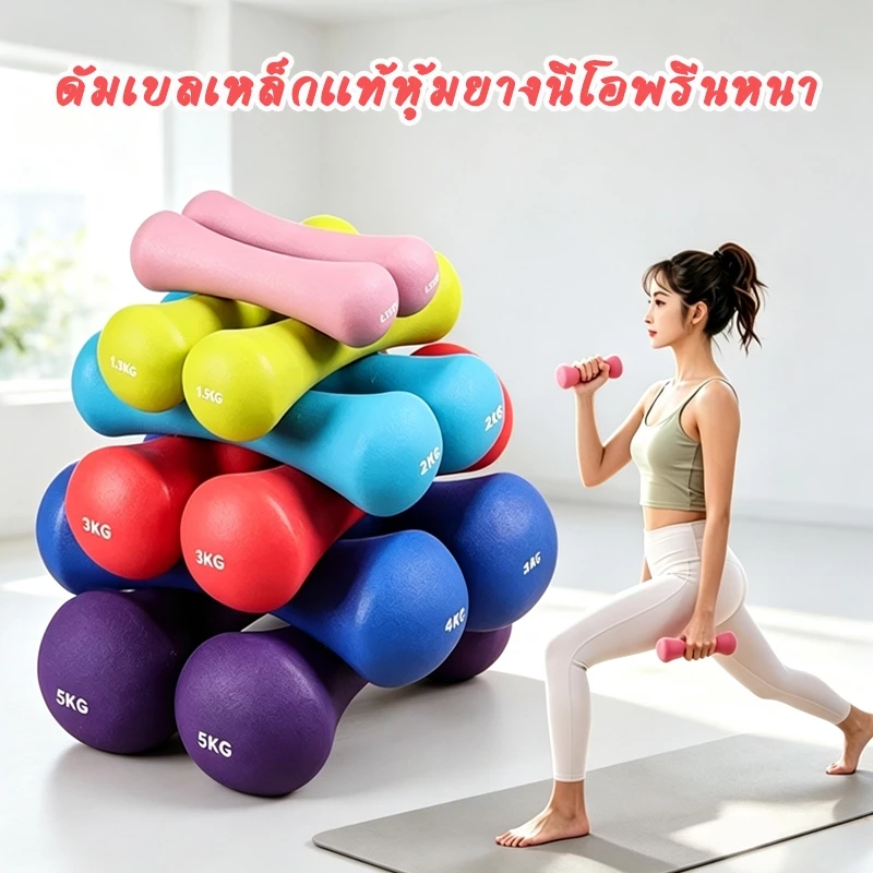 ดัมเบลเหล็กแท้หุ้มยางนีโอพรีนหนา น้ำหนัก 0.5-2 กก. ดัมเบลยางทนทาน รับประกันคืนเงิน
