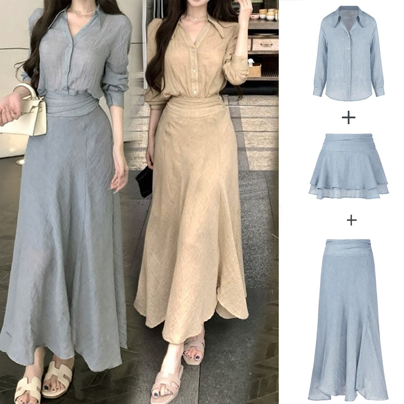 Dahong เสื้อเชิ้ตแขนยาวคอวีย้อนยุคสีกากี+กระโปรงทรงเอเอวสูง อเนกประสงค์ แบบเรียบง่าย สไตล์ฝรั่งเศส สําหรับผู้หญิง