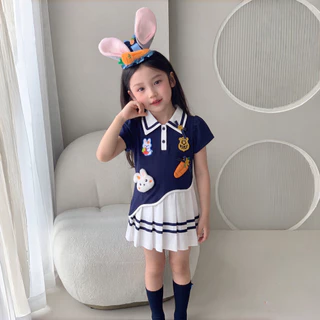 PRINCESS KESLI 1-9 ปี ชุดเดรสสาว เดรสโปโลเด็กผู้หญิง กระต่าย กระโปรงจีบสีขาว ผ้านิ่มใส่สบาย สไตล์น่ารัก ชุดเด็ก