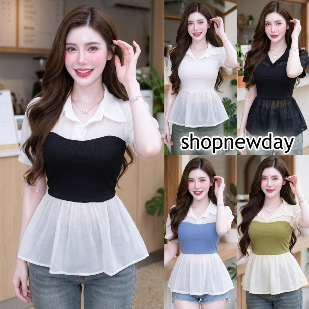 เสื้อแฟชั่น ผ้าร่องพรีเมี่ยม คอปก แขนตุ๊กตาแต่งผ้าชีฟอง ผ้าใส่สบาย ใส่ทำงาน ใส่แมท LG346