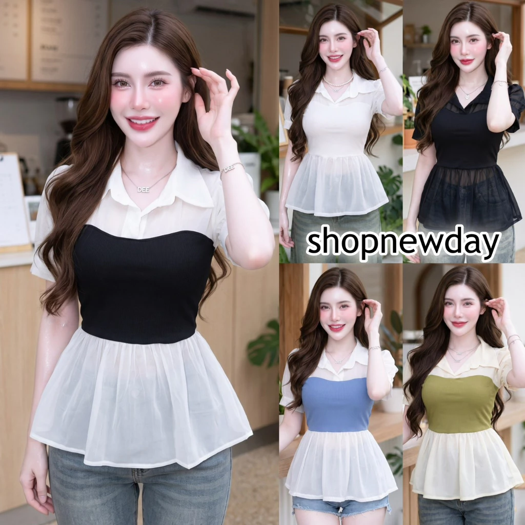 เสื้อแฟชั่น ผ้าร่องพรีเมี่ยม คอปก แขนตุ๊กตาแต่งผ้าชีฟอง ผ้าใส่สบาย ใส่ทำงาน ใส่แมท LG346